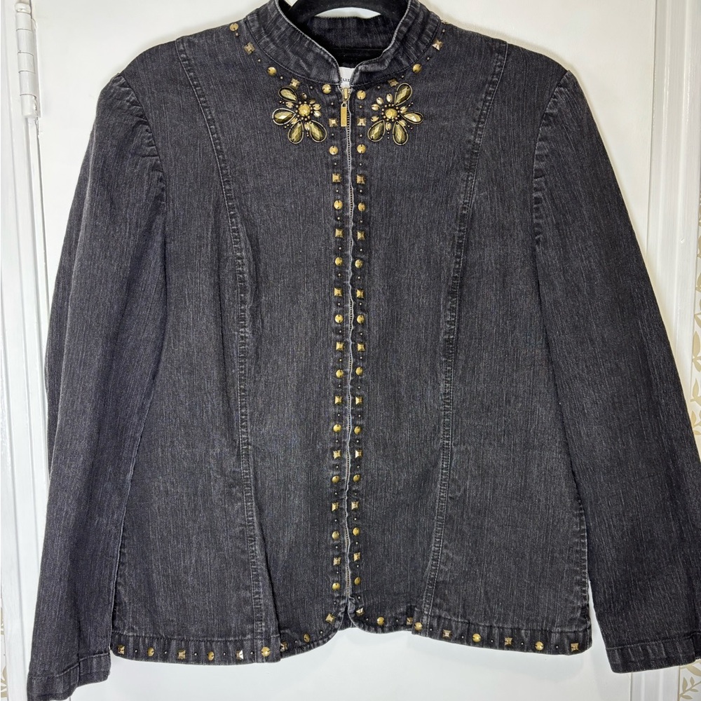 Alfred Dunner Charcoal Embellished Jean Jacket Women Size 8